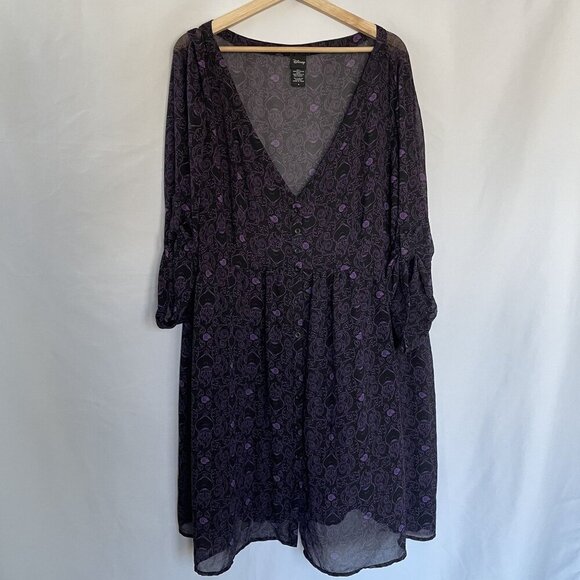 Disney Villains Purple & Black V-Neck Dress With Button Details & Puff Sleeves 4 - Picture 1 of 7